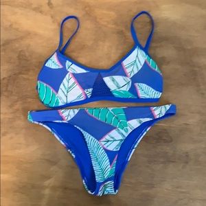 Aerie blue bikini w/ tropical leaves & mesh detail